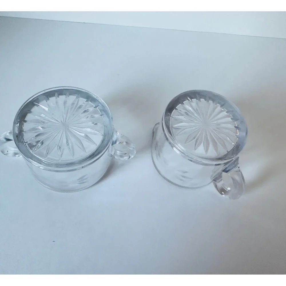 Vintage Clear Etched Glass Cream and Sugar Set Frosted Grape Starburst Base